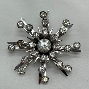 Vintage Rhinestone Silver Tone Snowflake Brooch Burst Sun Flower Pin/Pendant‎